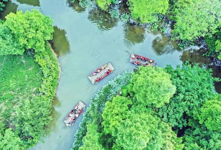 游客乘船在宝应湖湿地公园游览（资料图片）